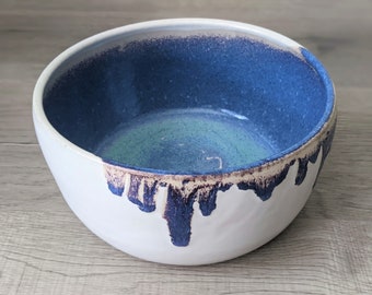 Ceramic Blue Bowl, Salad Bowl, Matte White Bowl, Fruit Bowl, Wheel Thrown Pottery Bowl, Handmade Serving Bowl