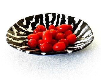 Handmade Zebra Design Black and White Shallow Ceramic Bowl