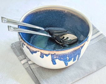 Handmade Ceramic Salad Bowl: Blue Glaze Drips on Matte White Pottery