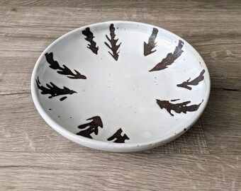 White Ceramic Shallow Bowl: Handmade Farmhouse Pottery with Rustic Tree Design