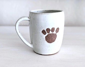 Handmade White Pottery Mug: Rustic Paw Print Coffee Mug, 16oz
