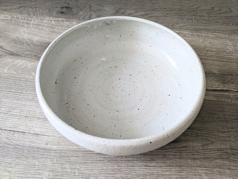 May include: A white ceramic bowl with a speckled glaze. The bowl is round and has a wide rim.