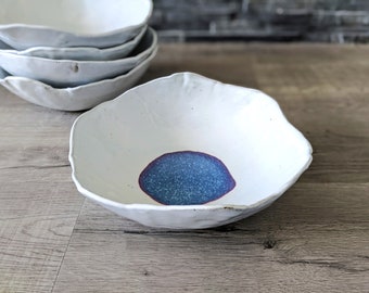 Handmade Gloss White Ceramic Bowl: Blue Gloss Center, Organic Pottery