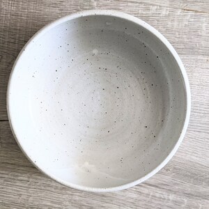 May include: A white ceramic bowl with a speckled glaze. The bowl is empty and has a round shape.