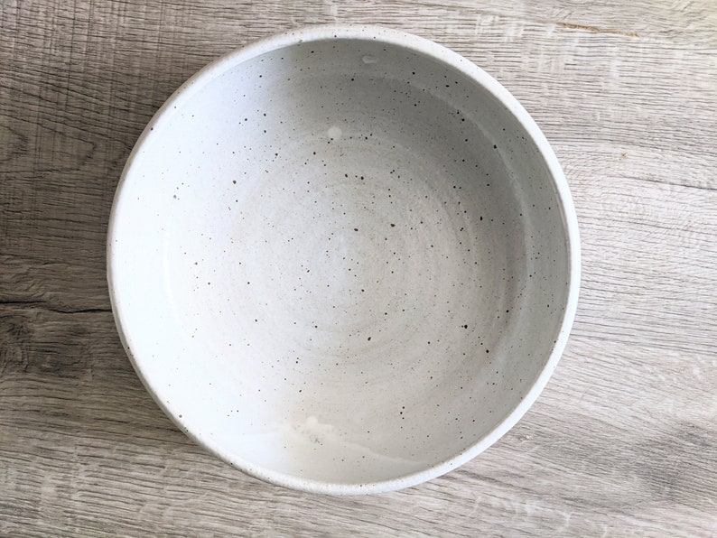 May include: A white ceramic bowl with a speckled glaze. The bowl is empty and has a round shape.