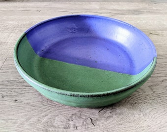 Wheel Thrown Ceramic Shallow Pasta Bowl: Purple & Green Pottery