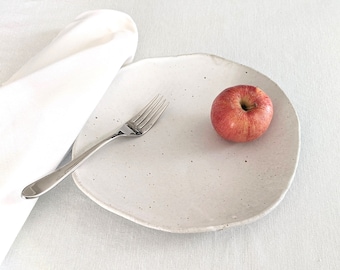Handmade Matte White Ceramic Dinner Plate: Speckled Farmhouse Pottery