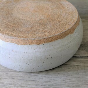 May include: A large, white ceramic bowl with a brown rim. The bowl is slightly speckled and has a rough texture.