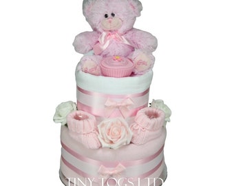 Baby Girl Two Tier Nappy Cake with Cute Teddy Bear New Born Baby Shower Gift