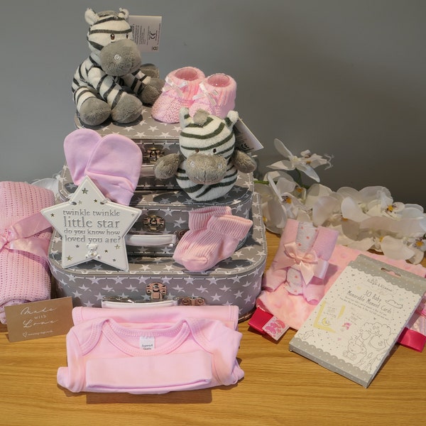 Luxury Zebra Baby Girl Hamper Gift 3 Keepsake Star Suitcases Newborn Baby Maternity Leave Gift Baby Shower Present  Personalised Comforter