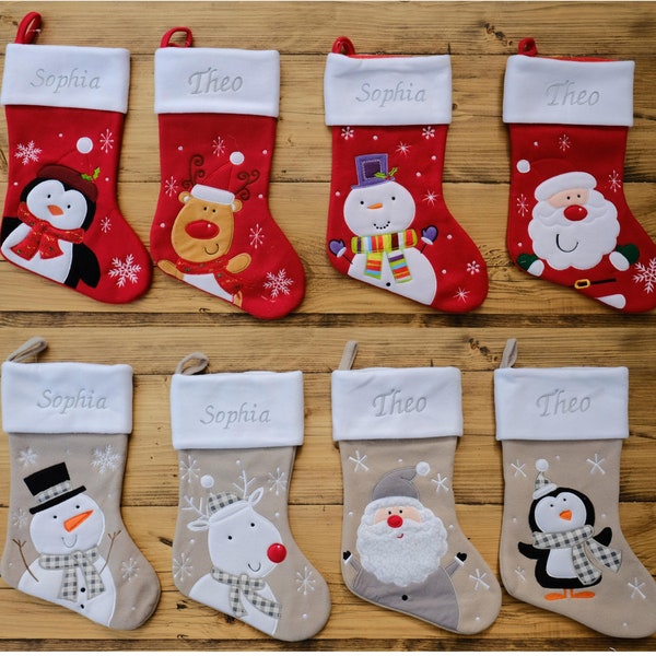 Luxury Embroidered Personalised Christmas Stocking Red Silver Santa Reindeer Penguin Snowman