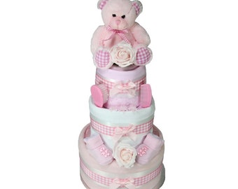 Baby Girl Three Tier Nappy Cake with Cute Teddy New Born Baby Shower Gift