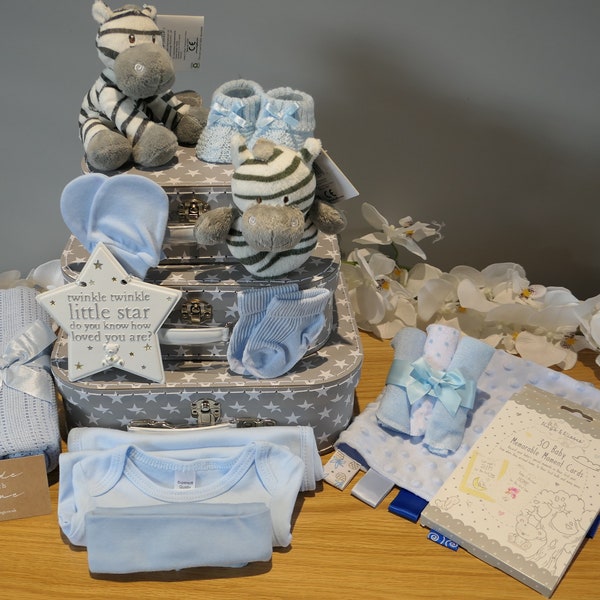 Luxury Zebra Baby Boy Hamper Gift 3 Keepsake Star Suitcases Newborn Baby Maternity Leave Gift Baby Shower Present  Personalised Comforter