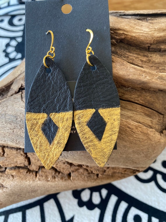 Black and Gold Leather Earrings