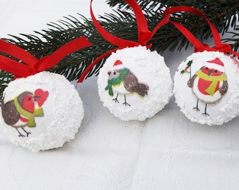 4 Christmas ornaments 4cm ,White,Owl picture,lightweight, Christmas tree decoration, Christmas stocking