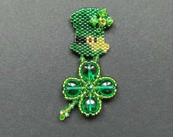 Beading kit, beading pattern, beading tutorial, Beaded Leprechaun hat 4 leaves clover pendant, kit instructions and materials,