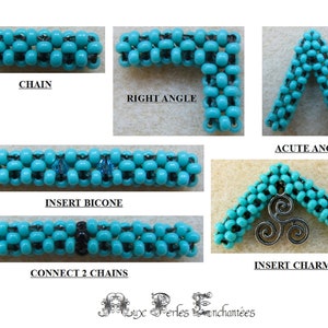 Op de afbeelding: Een turquoise kralenketting met instructies over het maken van verschillende vormen, waaronder een rechte hoek, een scherpe hoek, het inbrengen van een bicone kraal, het verbinden van twee kettingen en het inbrengen van een bedel.
