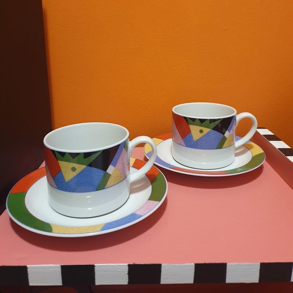 Vintage 80s/90s Memphis style coffee cups and saucers