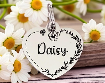 Bumblebee heart design pet ID tag, laser engraved, available in silver, gold, rose gold  and Black.