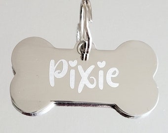 Bone pet tags laser engraved, available in silver, gold and rose gold.