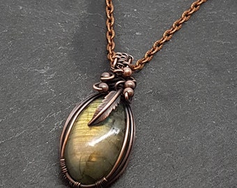 Labradorite gemstone pendant necklace, wire wrapped with oxidised copper. 3 different chain to choose from