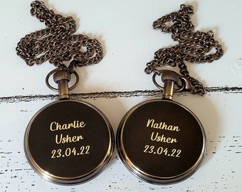Stylish engraved pocket watch with chain. Silver, Gold or Antique solid brass.