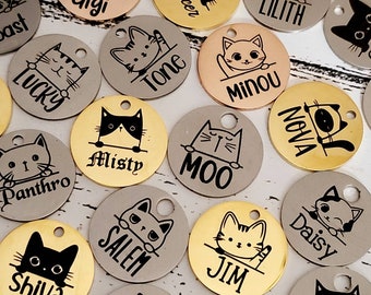 Tiny 20mm cat kitten ID tags laser engraved,  stainless steel available in silver, gold and rose gold. 32 cats to choose from.