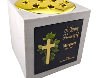 Personalised White Square Memorial Rose Bowl Grave Vase with Gold Lid | Custom Grave Flower Holder | In Loving Memory Cross Vase