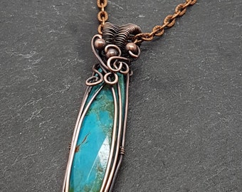 Natural Turquoise gemstone pendant necklace, wire wrapped with oxidised copper. 3 different chain to choose from