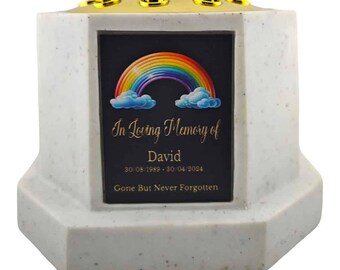 Personalised Rainbow White Octagon Memorial Rose Bowl Grave Vase with Gold Lid | Custom Grave Flower Holder | In Loving Memory Vase