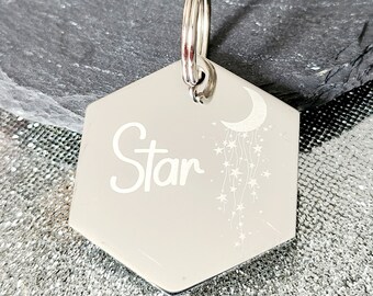 Moon themed Pet ID tag. Hexagon or round. Contact information on the back. Laser engraved.