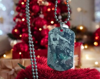 Actual photo necklace, engraved from any clear image. Military, heart or round pendant.