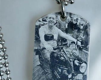 Actual photo necklace, engraved from any clear image. Military, heart or round pendant.