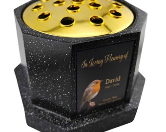 Personalised Robin Black Octagon Memorial Rose Bowl Grave Vase with Gold Lid | Custom Grave Flower Holder | In Loving Memory Vase