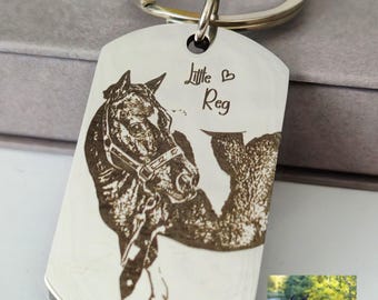 Laser Engraved photo keyring. Engraved from any clear image. Horse, Pony, Donkey, Equine, Equestrian.