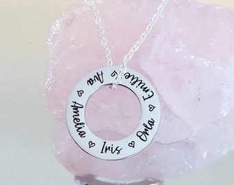 Laser engraved stainless Steel washer necklace, family names gift