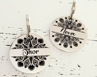 Mandala design dog ID tags. stainless steel round tag available in rose gold,  silver, gold or black.