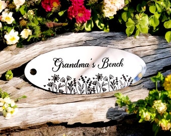 Grandma's Bench. Bench / memorial / gate / door plaque with custom engraved design.  8x3cm. Stainless Steel mirror or brushed.