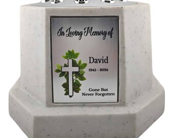Personalised White Octagon Memorial Rose Bowl Grave Vase with Silver or Gold Lid | Custom Grave Flower Holder | In Loving Memory Cross Vase