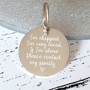 I'm chipped design. dog tag, collar tag, cat tag, various colours, engraved
