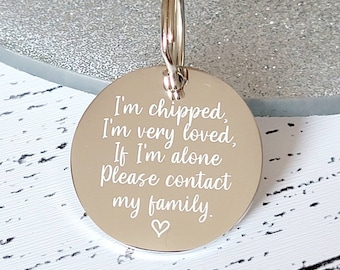I'm chipped design. dog tag, collar tag, cat tag, various colours, engraved