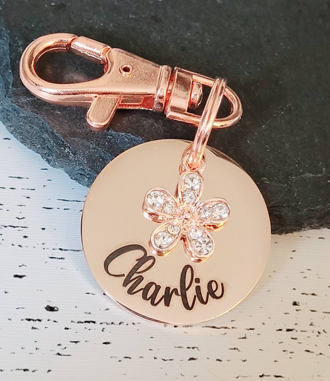 Rose Gold Pet ID Tag With Sparkly Daisy Charm. Silver, Gold or Rose