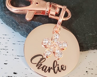 Daisy pet ID tag with sparkly daisy charm. Silver, gold or rose gold.