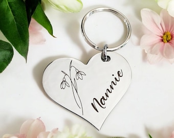 Mothers Day Birth flower keyring, with personalised message. Mum, mummy nan nanny.