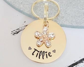 Daisy pet ID tag with sparkly daisy charm. Silver, gold or rose gold.