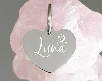 Silver pet ID tags with moon and star design. laser engraved,  stainless steel available 3 sizes.