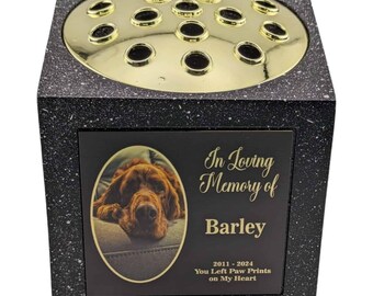 Personalised Pet Photo Memorial Rose Bowl Grave Vase WHITE with Silver Lid | Custom In Loving Memory Pet Loss Tribute |Dog Cat Memorial Vase