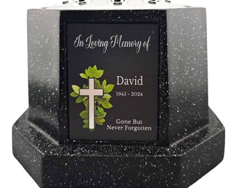 Personalised Black Octagon Memorial Rose Bowl Grave Vase with Silver Lid | Custom Grave Flower Holder | In Loving Memory Cross Vase
