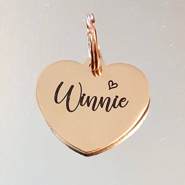 Heart shaped  pet ID tag, dog tag, collar tag, cat tag, various colours & fonts, engraved