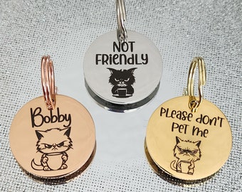 Grumpy cat 20mm or 25mm cat kitten ID tags laser engraved,  stainless steel available in silver, gold and rose gold. Most breeds available.